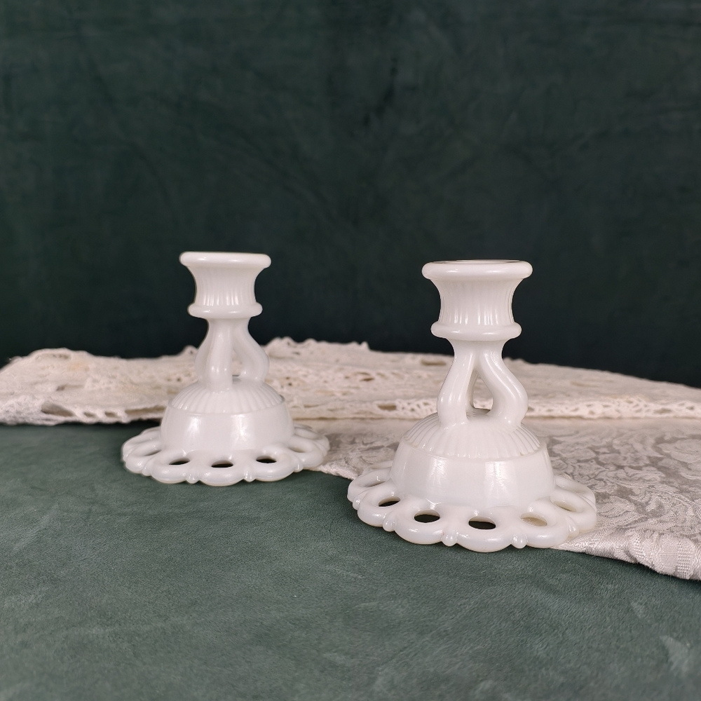Vintage Westmoreland Milk Glass Doric Lace Candle Holders